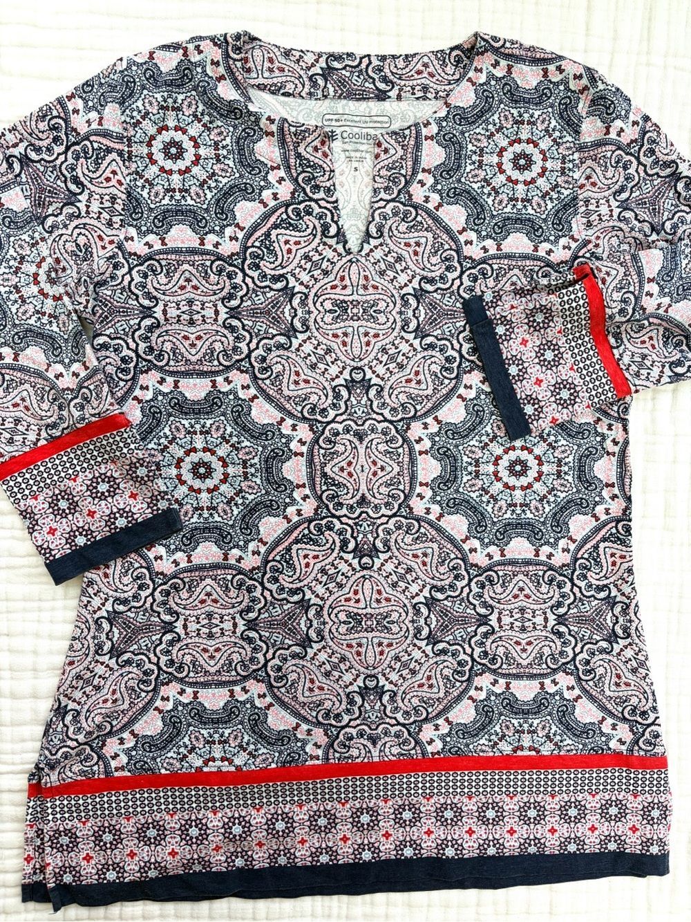 Coolibar UPF 50+ Paisley Tunic Top Shirt Women’s Small Blue Red Split Neck Sun P